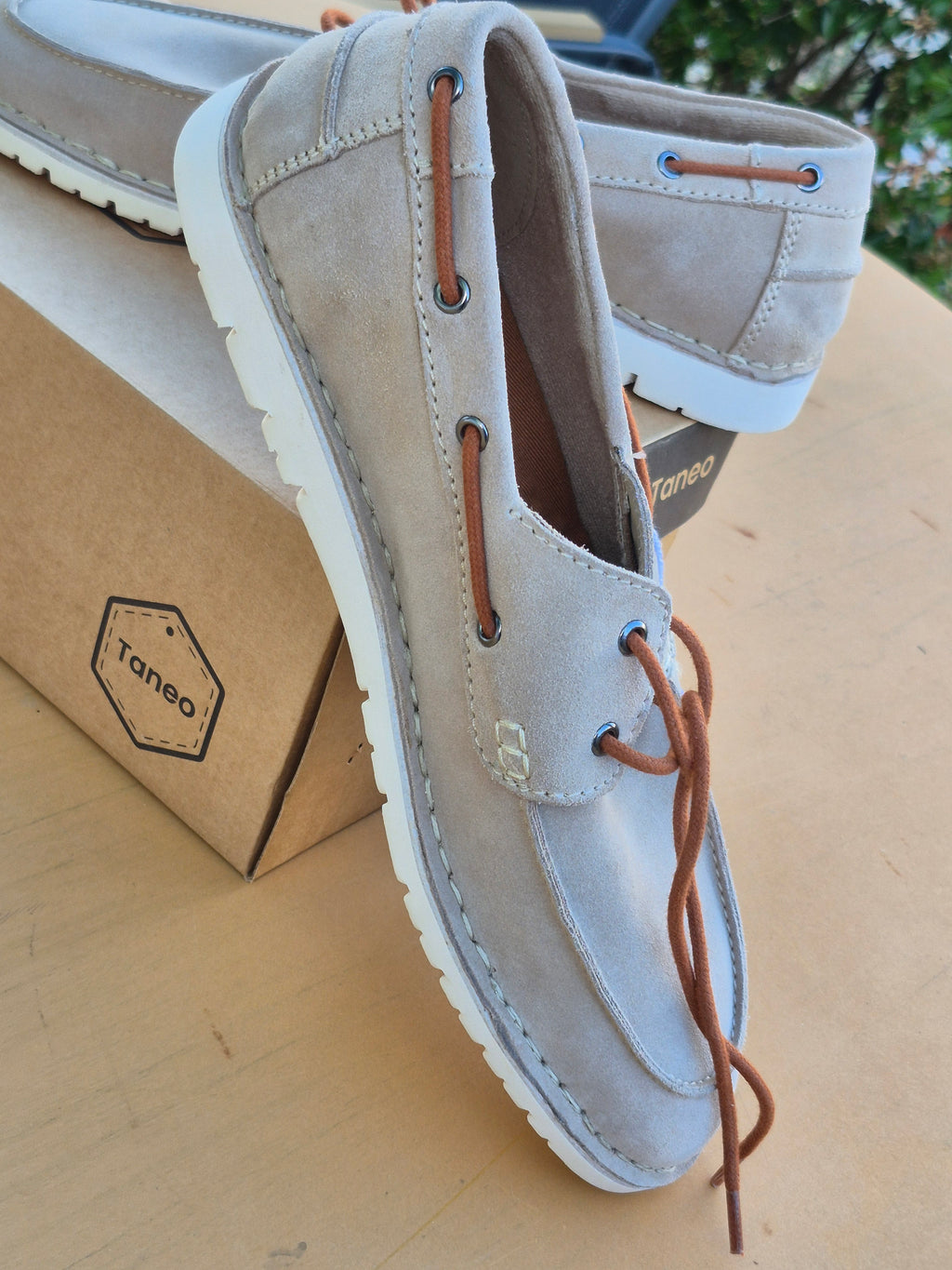 Chaussures bateau Taneo en cuir suédé beige/camel – homme, pointure 43