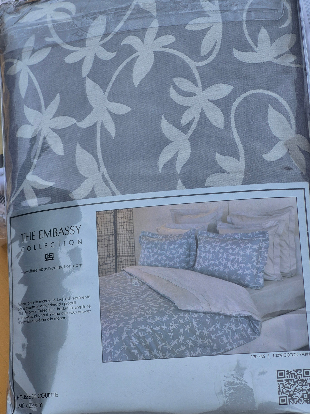 Housse de couette grise fleurie en coton The Embassy Collection – 240 × 220 cm