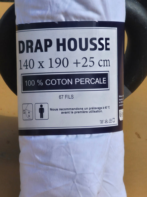 Drap-housse blanc 140 × 190 cm bonnet 25 cm, étiquette coton percale 67 fils