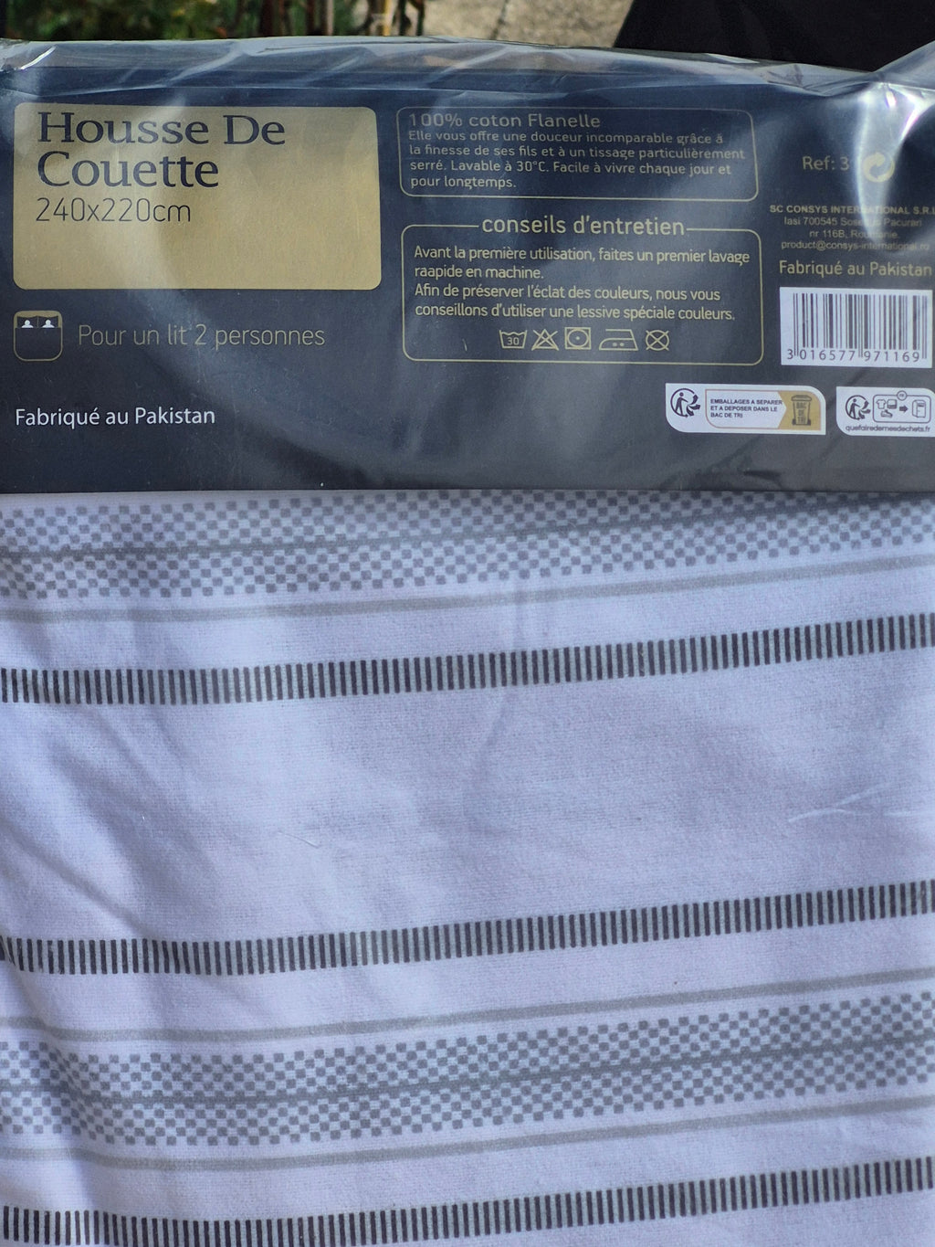 Housse de couette en flanelle de coton – blanc à rayures grises, 240 × 220 cm