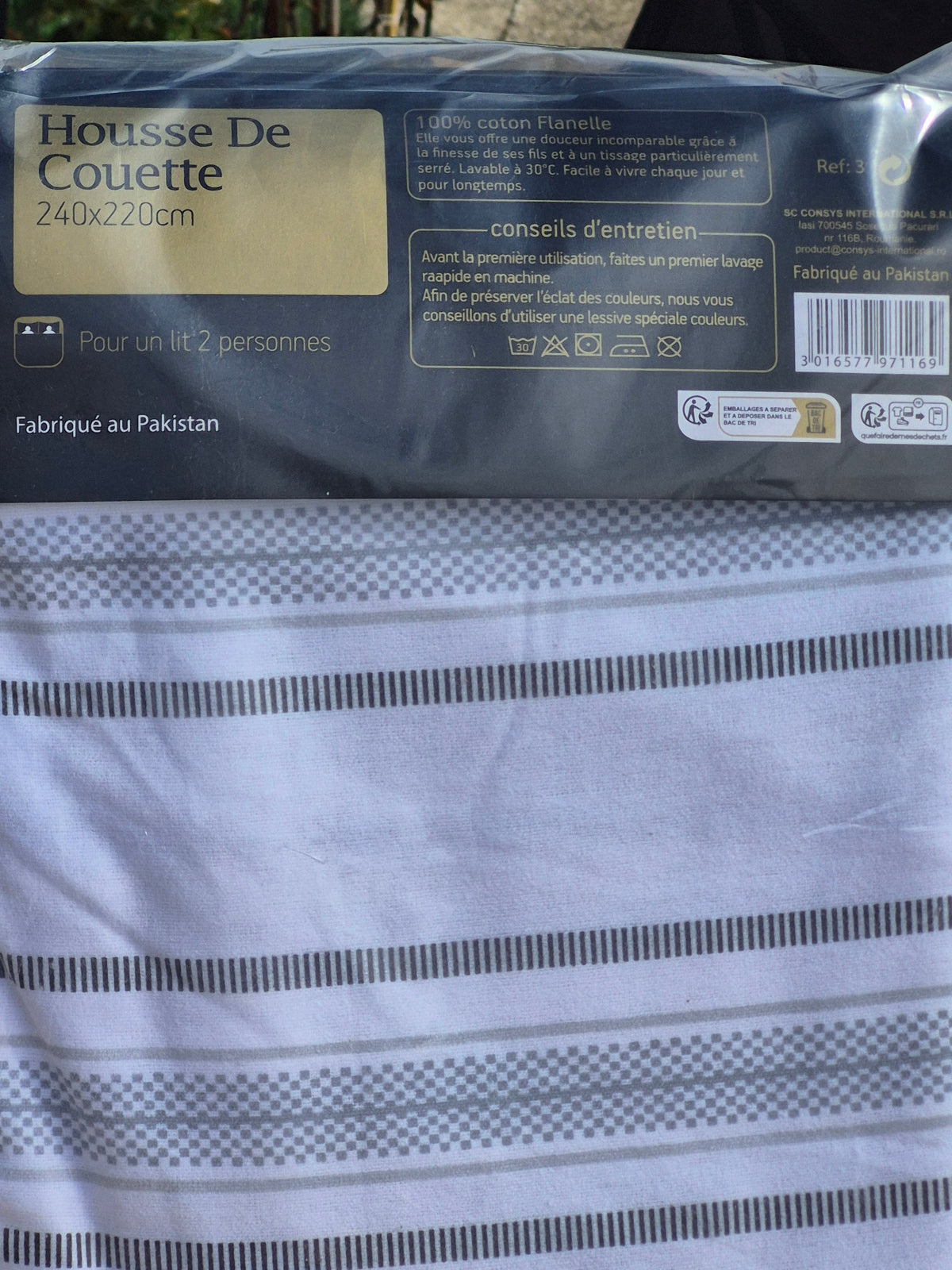 Housse de couette en flanelle de coton – blanc à rayures grises, 240 × 220 cm