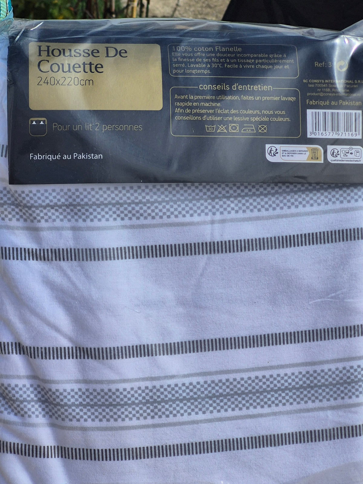 Housse de couette en flanelle de coton – blanc à rayures grises, 240 × 220 cm