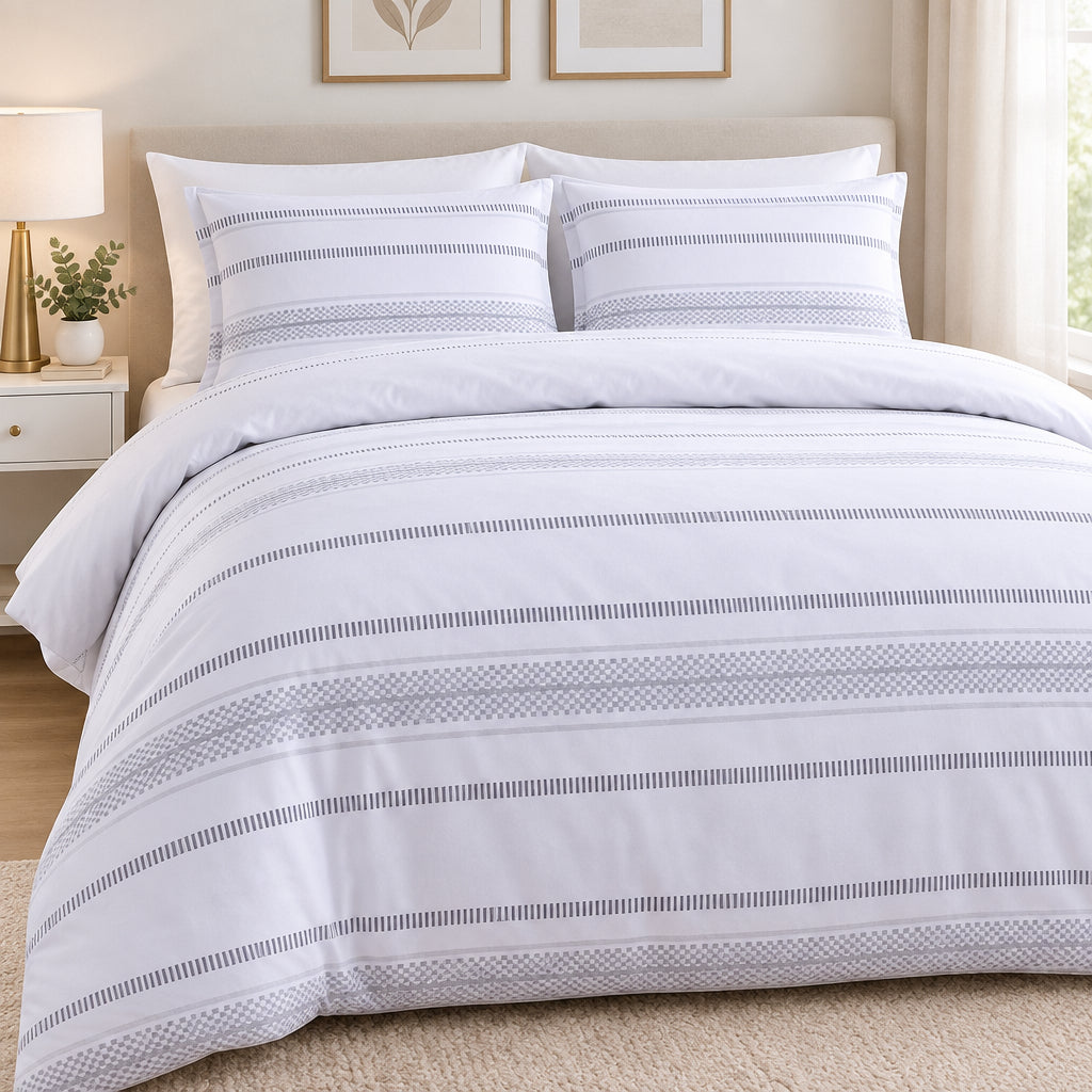 Housse de couette en flanelle de coton – blanc à rayures grises, 240 × 220 cm